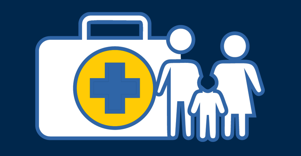 Graphic of three members of a family with a medical bag.