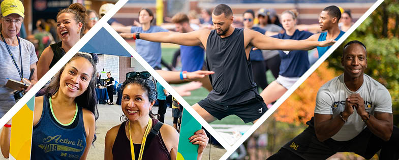 women smiling, yoga at Michigan Stadium, man stretching