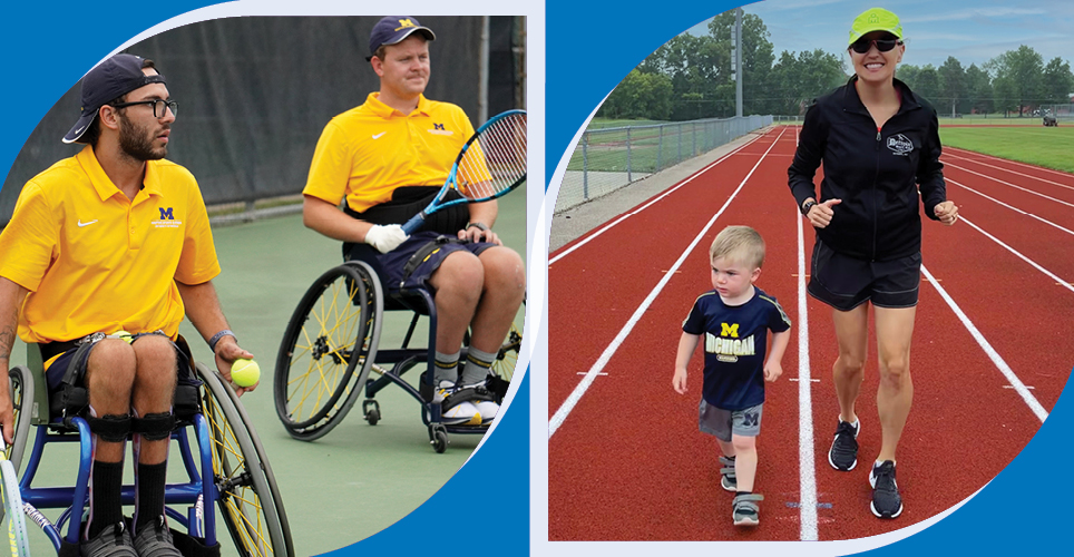 Caiden and Matt playing doubles wheelchair tennis and Julie and her son Owen running on a track.