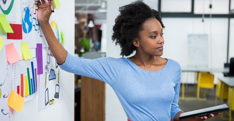 woman standing in front of a whiteboard 