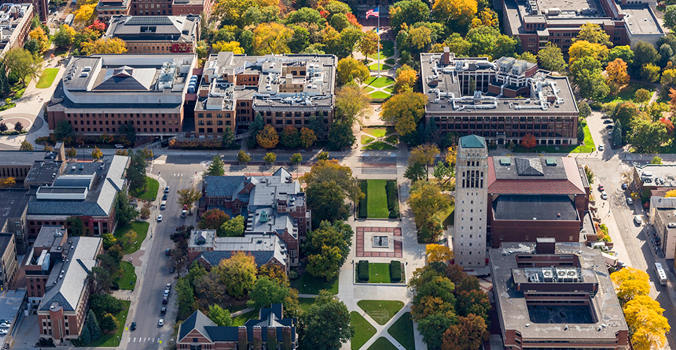 Arial view of the U-M campus with buildings, grass, trees.