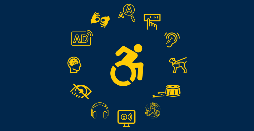 A person in a wheelchair surrounded by a circle of disability icons such as noise cancelation headphones, low vision, the brain, hard of hearing, a fidget spinner, ASL hands and more.