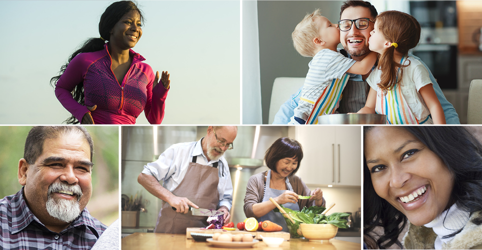 woman jogging, children kissing parent on the cheeks, man smiling, woman smiling, couple cooking together.
