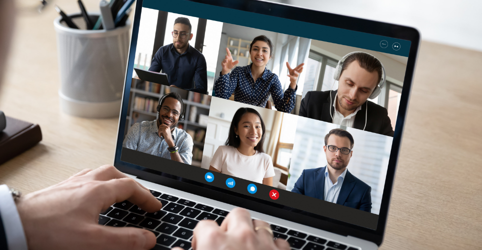 Six people on a computer screen during a virtual meeting.