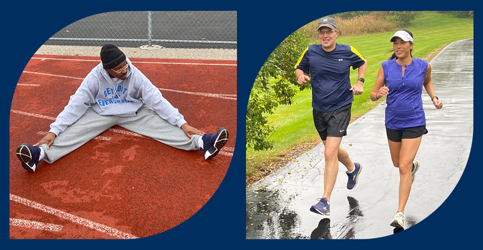 Jacques S. working out at the outdoor track on campus; Dean Solomon and wife, Ellen, jogging together. 