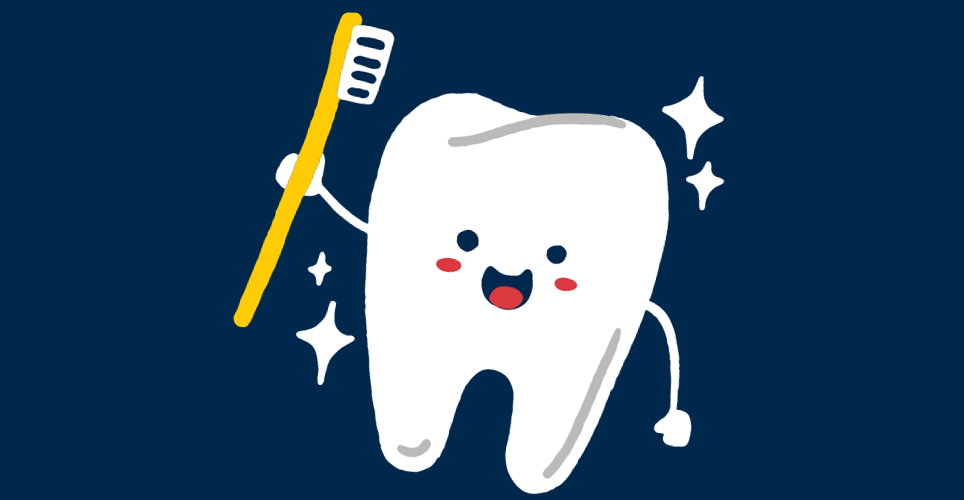 Cartoon tooth smiling and holding a toothbrush.