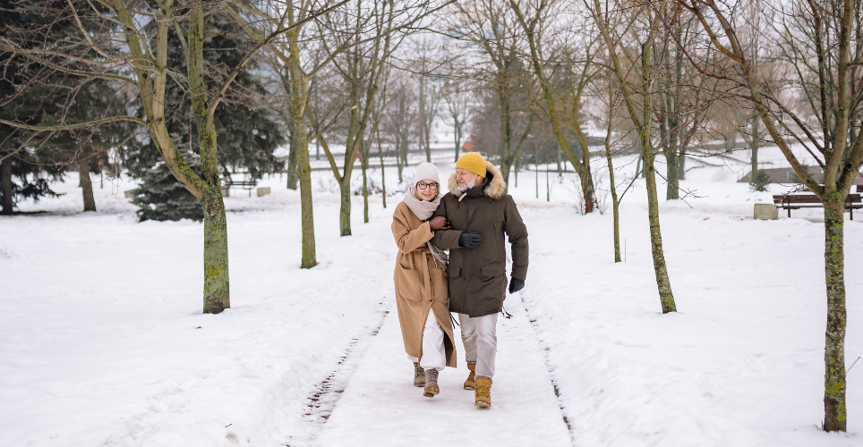 landscape shot of older couple, male and female, bundled up and walking along a snowy forest path