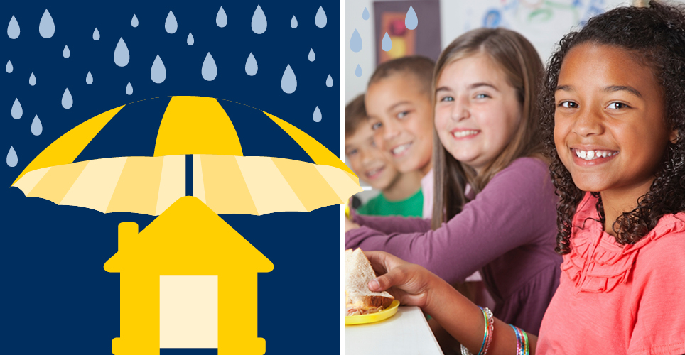 Illustration of a house in the rain and a photo of kids