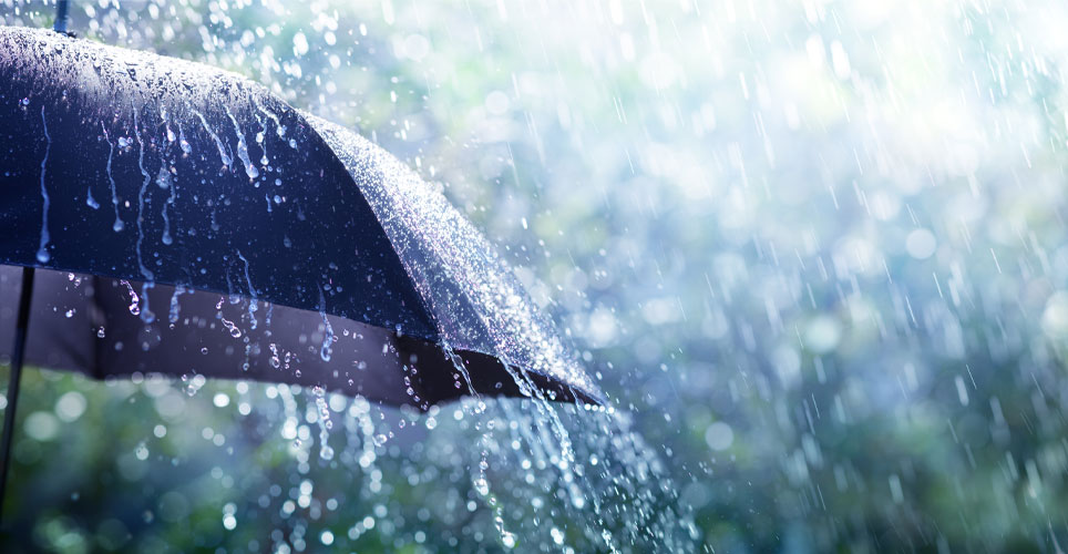 Close up of a purple umbrella with heavy rain pouring down on it