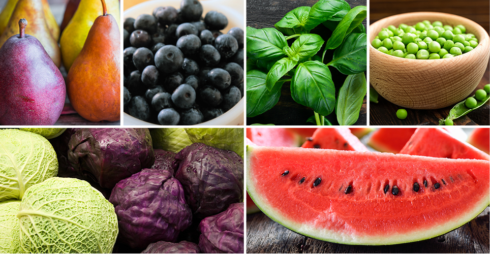 watermelon, blueberries, and other fruits and vegetables